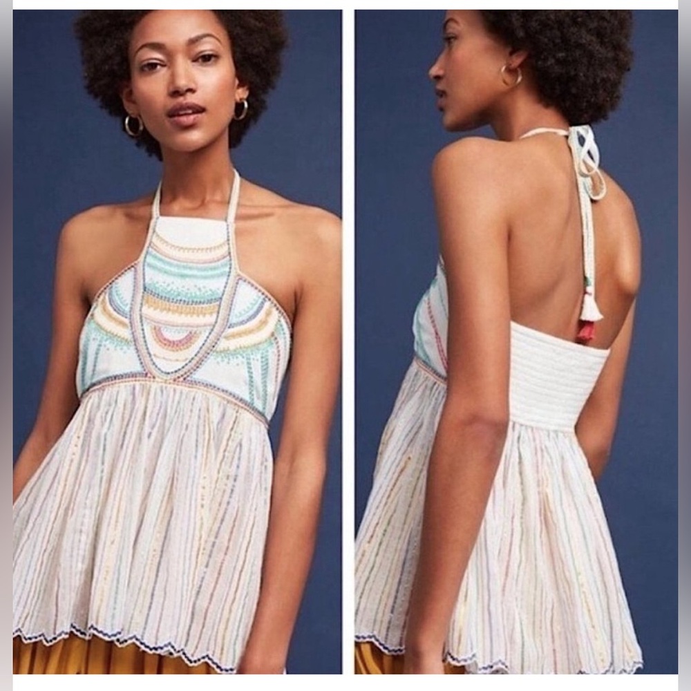 Floreat Anthropologie colorful embroidered halter top NWT size 10